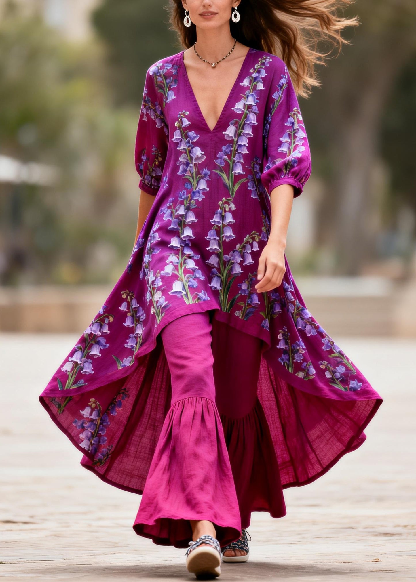 Plus Size Purple V Neck Print Asymmetrical Top And Pants Cotton Two Pieces Set Summer