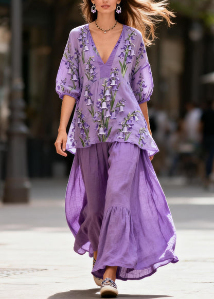 Plus Size Purple V Neck Print Patchwork Cotton Two Piece Set Summer
