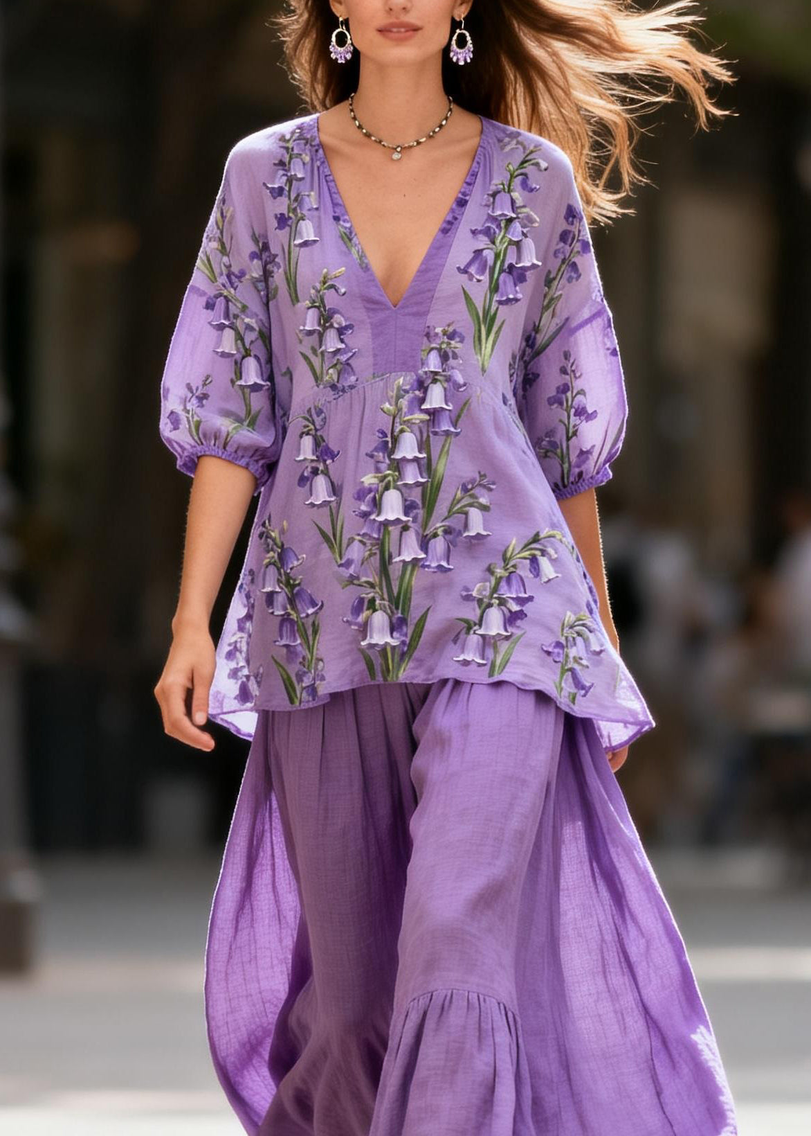 Plus Size Purple V Neck Print Patchwork Cotton Two Piece Set Summer
