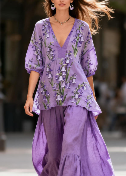Plus Size Purple V Neck Print Patchwork Cotton Two Piece Set Summer