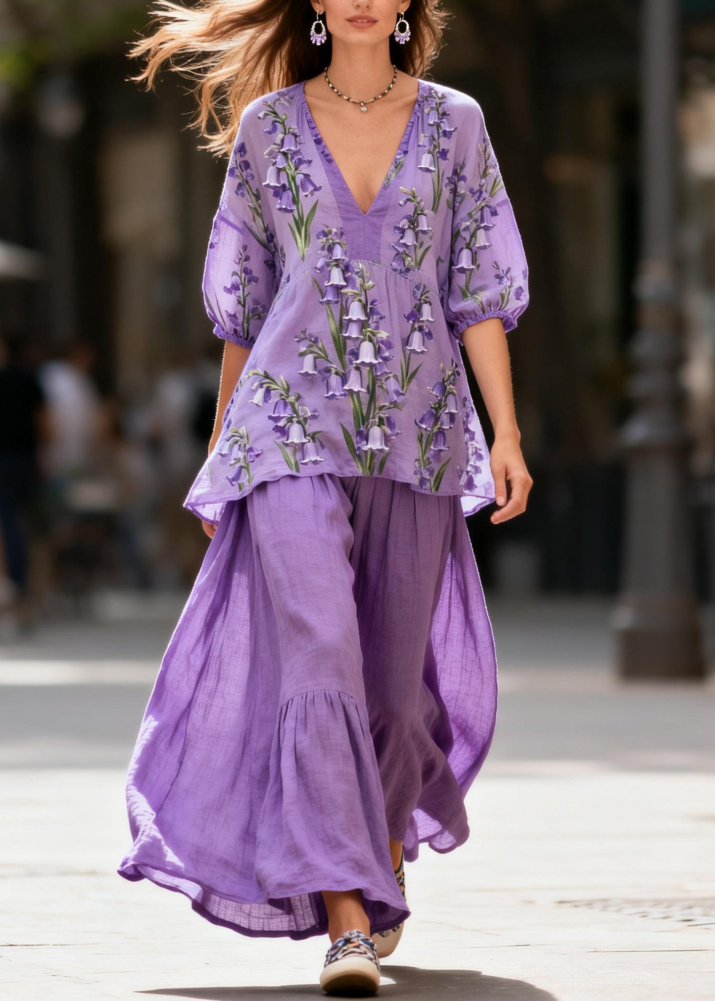 Plus Size Purple V Neck Print Patchwork Cotton Two Piece Set Summer