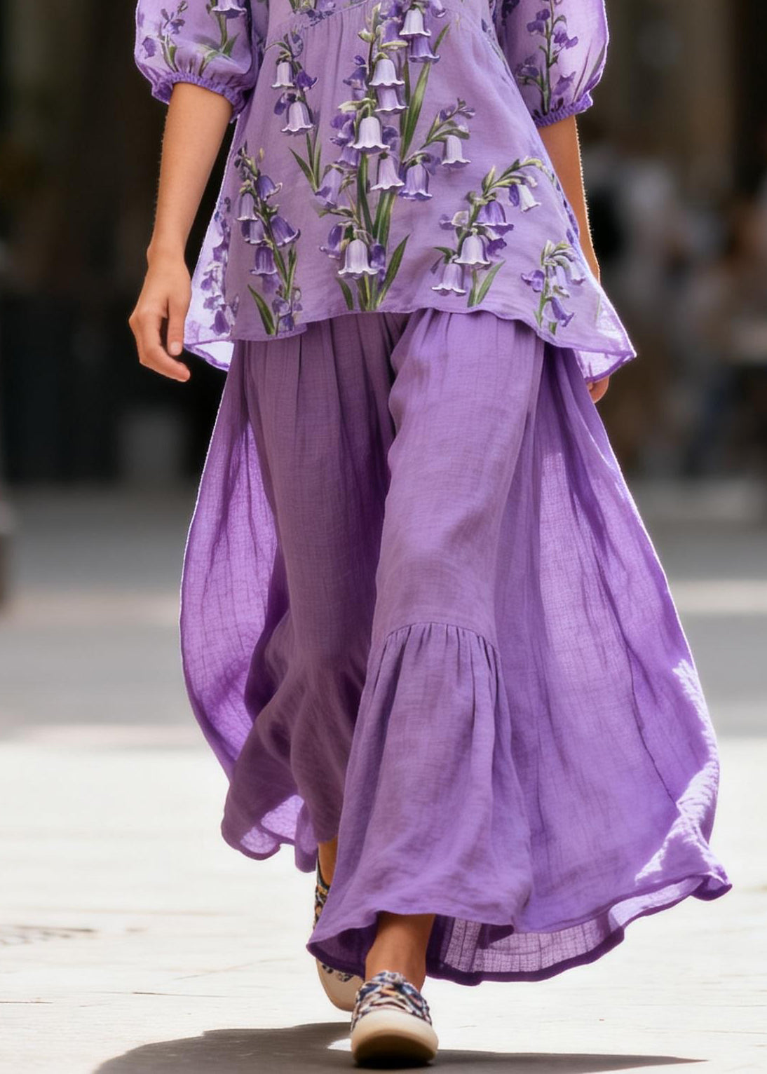 Plus Size Purple V Neck Print Patchwork Cotton Two Piece Set Summer
