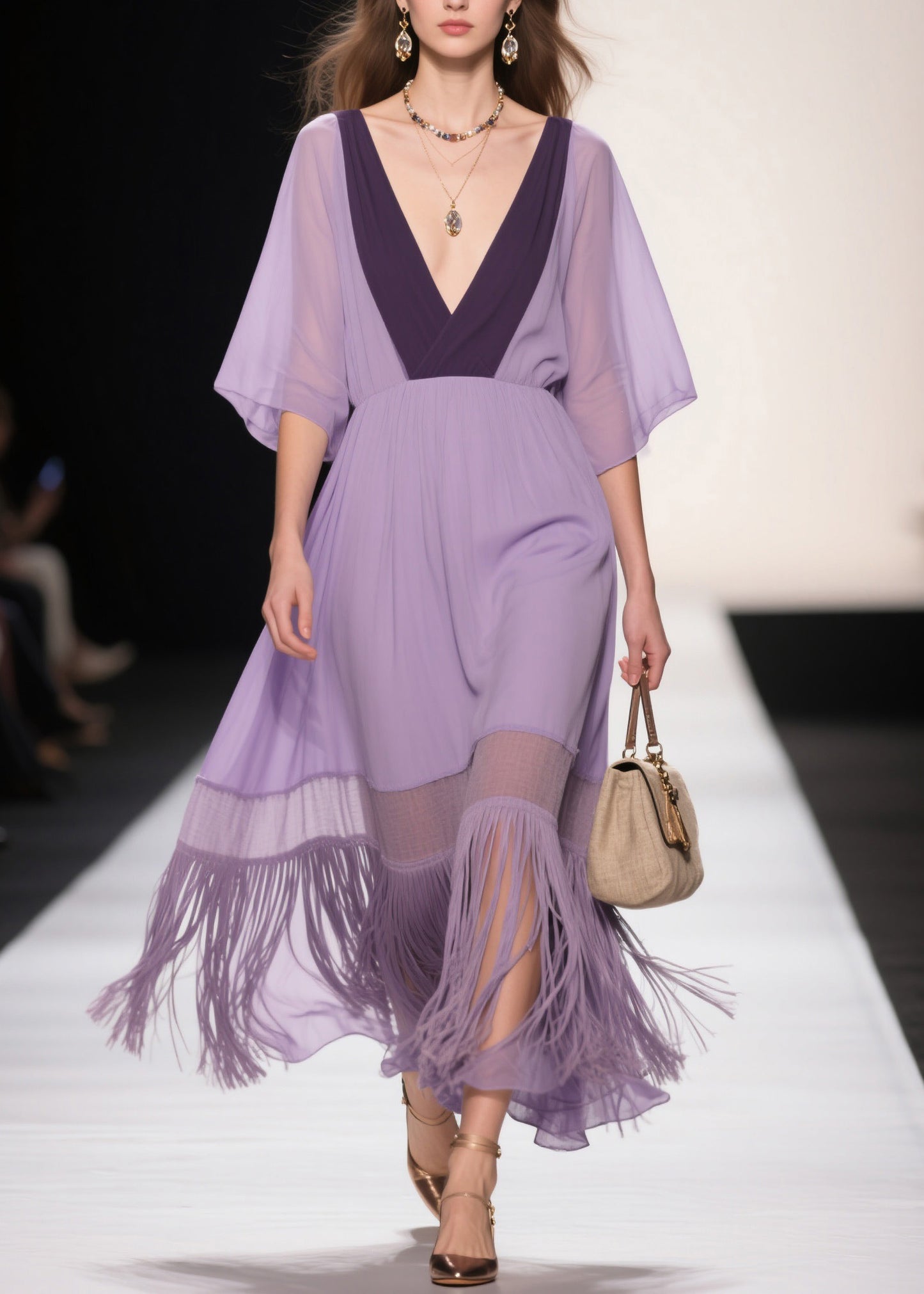 Plus Size Purple V Neck Tassel Patchwork Cotton Dress Summer