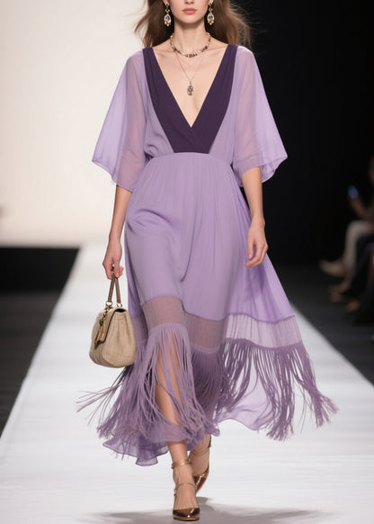 Plus Size Purple V Neck Tassel Patchwork Cotton Dress Summer