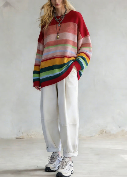 Plus Size Rainbow Striped O-Neck Knit Sweaters And White Pants Two Pieces Set Spring