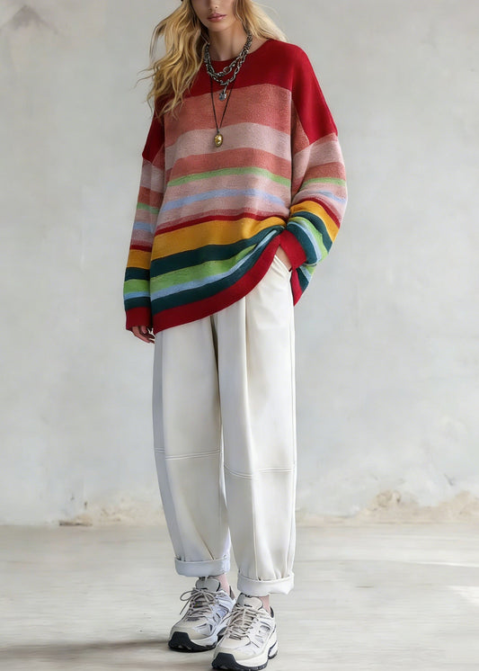 Plus Size Rainbow Striped O-Neck Knit Sweaters And White Pants Two Pieces Set Spring