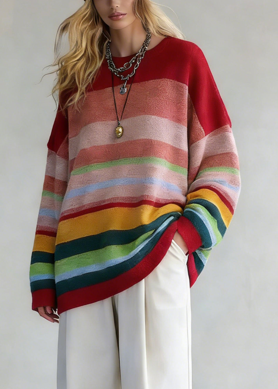 Plus Size Rainbow Striped O-Neck Knit Sweaters And White Pants Two Pieces Set Spring