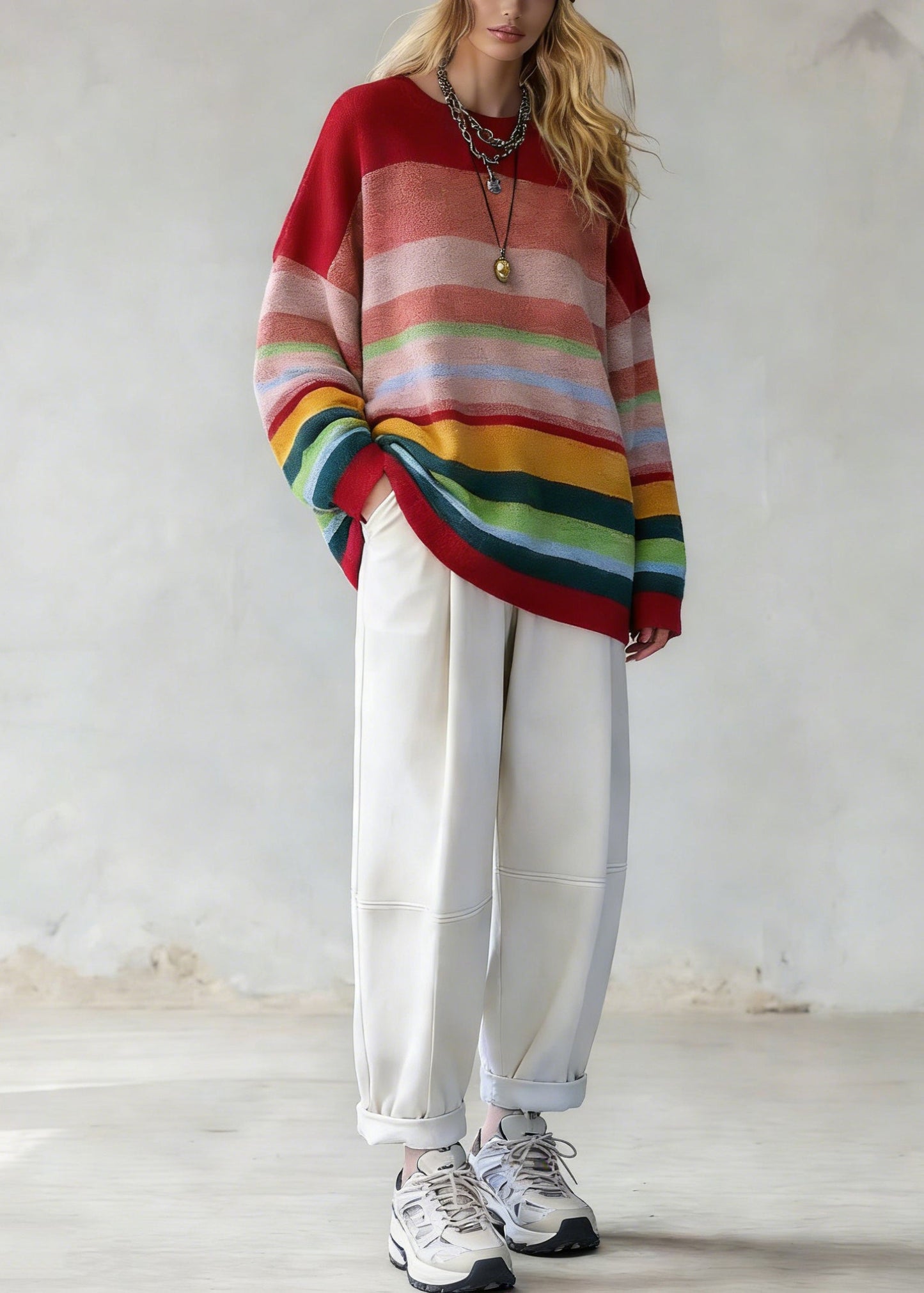 Plus Size Rainbow Striped O-Neck Knit Sweaters And White Pants Two Pieces Set Spring