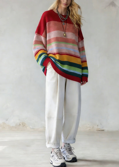 Plus Size Rainbow Striped O-Neck Knit Sweaters And White Pants Two Pieces Set Spring
