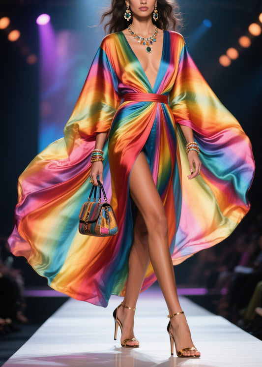 Plus Size Rainbow V Neck Exra Large Hem Chiffon Holiday Dress Summer