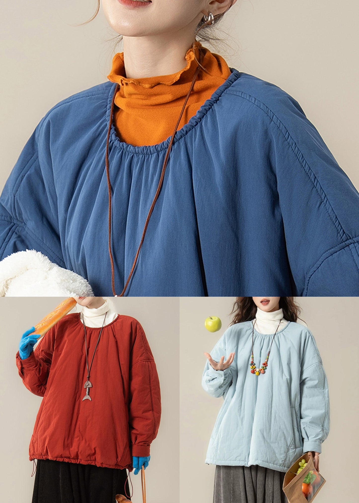 Plus Size Red Button Drawstring Solid Fine Cotton Filled Parka