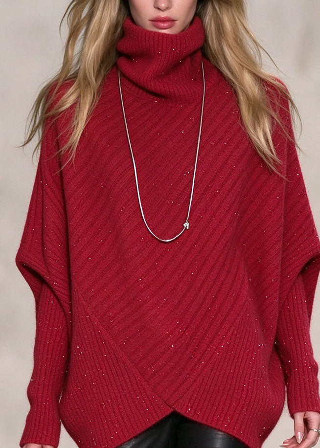 Plus Size Red Hign Neck Asymmetrical Design Knit Sweaters Fall