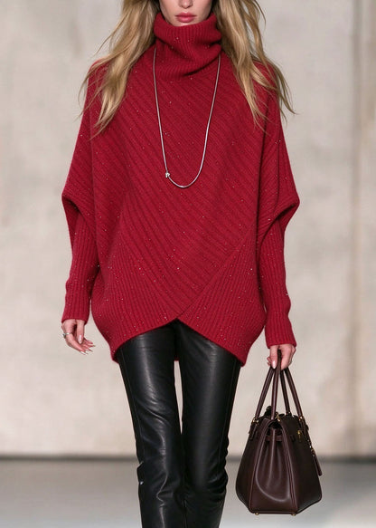 Plus Size Red Hign Neck Asymmetrical Design Knit Sweaters Fall