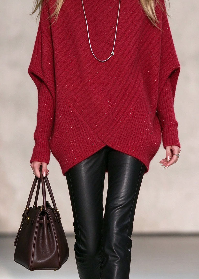 Plus Size Red Hign Neck Asymmetrical Design Knit Sweaters Fall