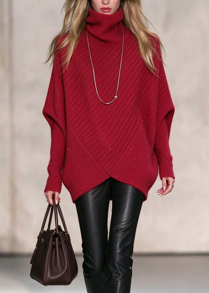 Plus Size Red Hign Neck Asymmetrical Design Knit Sweaters Fall
