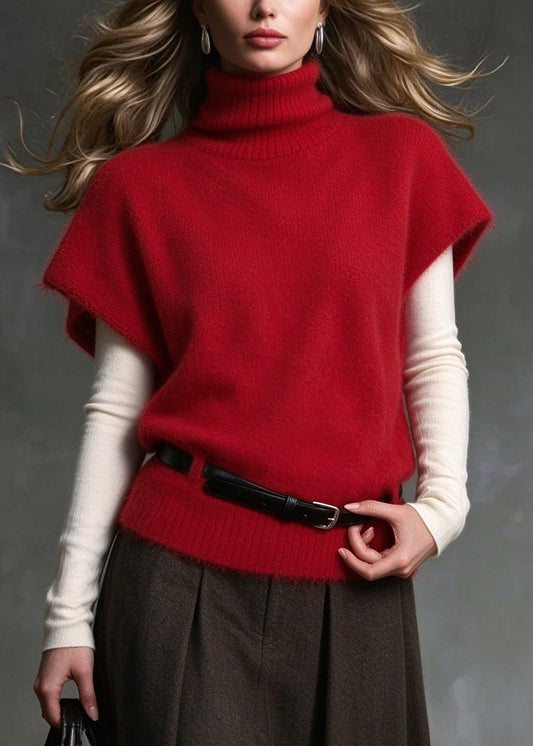 Plus Size Red Hign Neck Patchwork Knit Vest Tops Fall