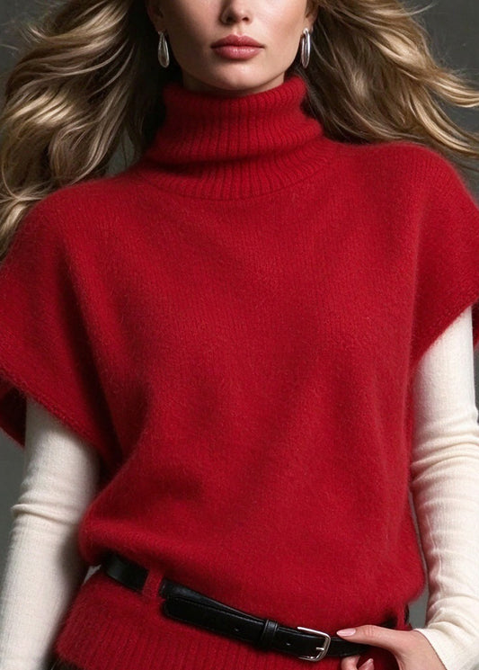 Plus Size Red Hign Neck Patchwork Knit Vest Tops Fall