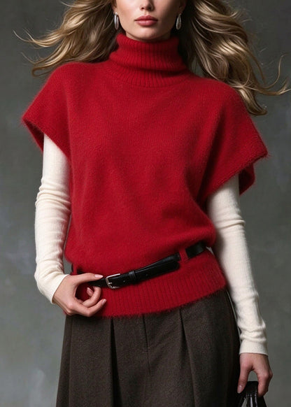 Plus Size Red Hign Neck Patchwork Knit Vest Tops Fall
