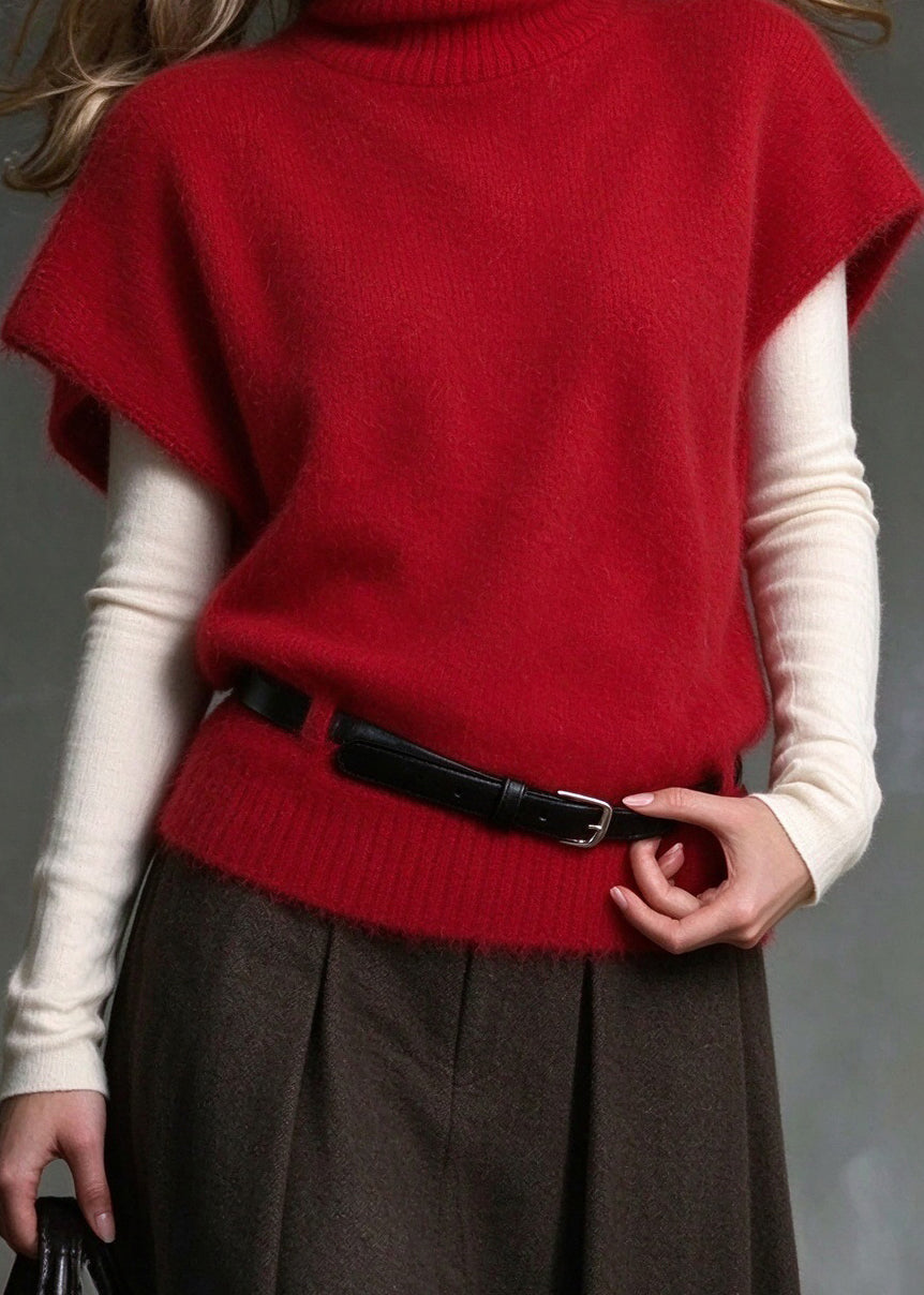 Plus Size Red Hign Neck Patchwork Knit Vest Tops Fall