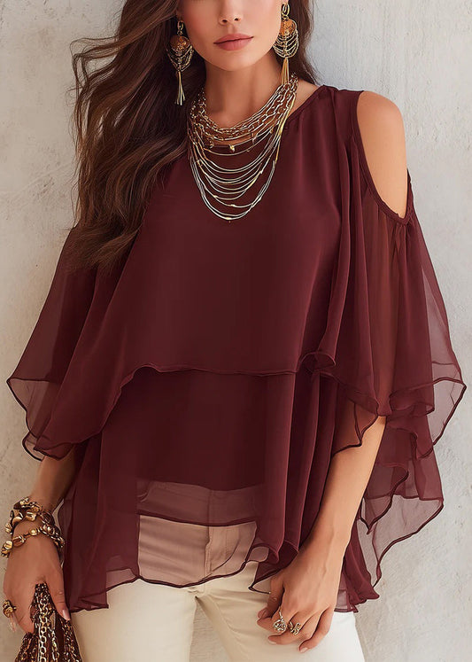 Plus Size Red O-Neck Asymmetrical Solid Chiffon Shirt Summer