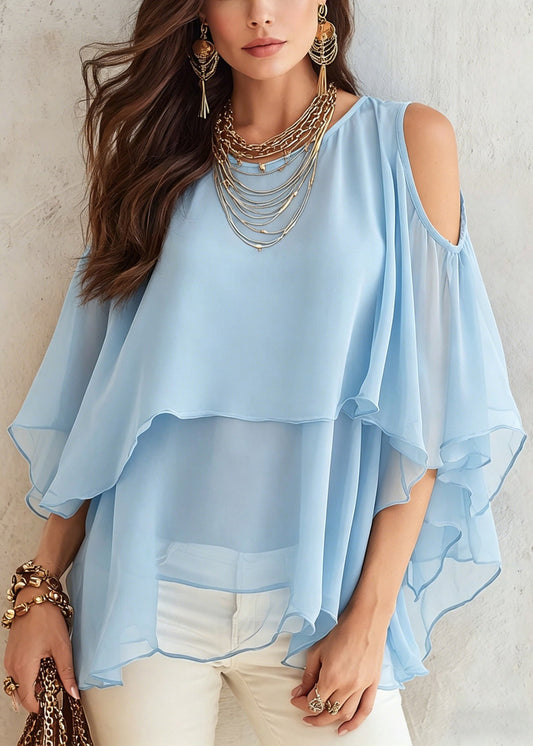 Plus Size Red O-Neck Asymmetrical Solid Chiffon Shirt Summer