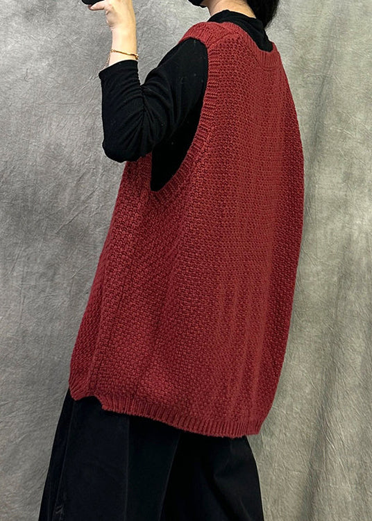 Plus Size Red O Neck Cable Knit Vest Tops Sleeveless