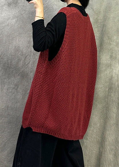 Plus Size Red O Neck Cable Knit Vest Tops Sleeveless