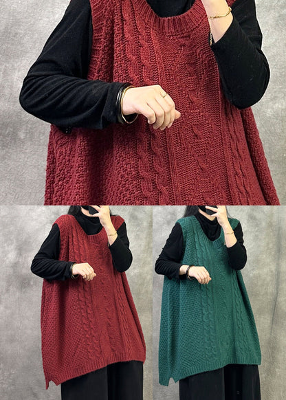 Plus Size Red O Neck Cable Knit Vest Tops Sleeveless
