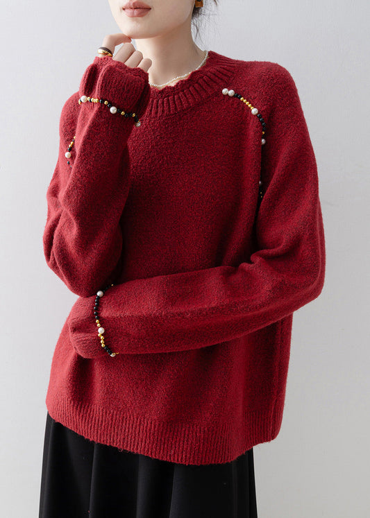 Plus Size Red O Neck Nail Bead Knit Sweater Spring