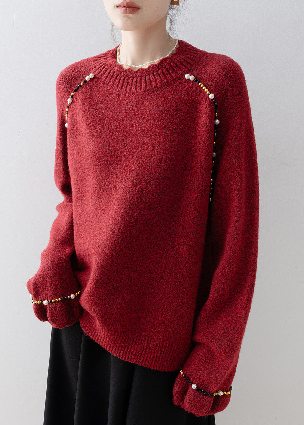 Plus Size Red O Neck Nail Bead Knit Sweater Spring