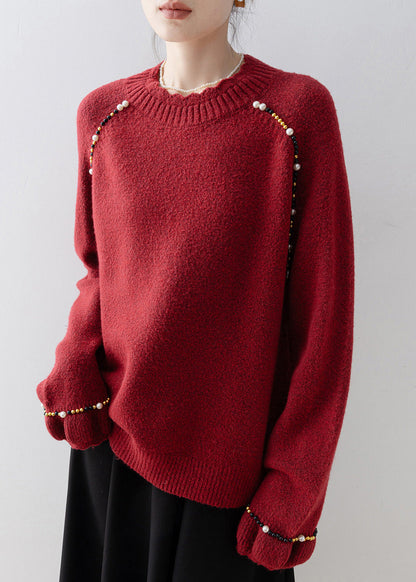 Plus Size Red O Neck Nail Bead Knit Sweater Spring