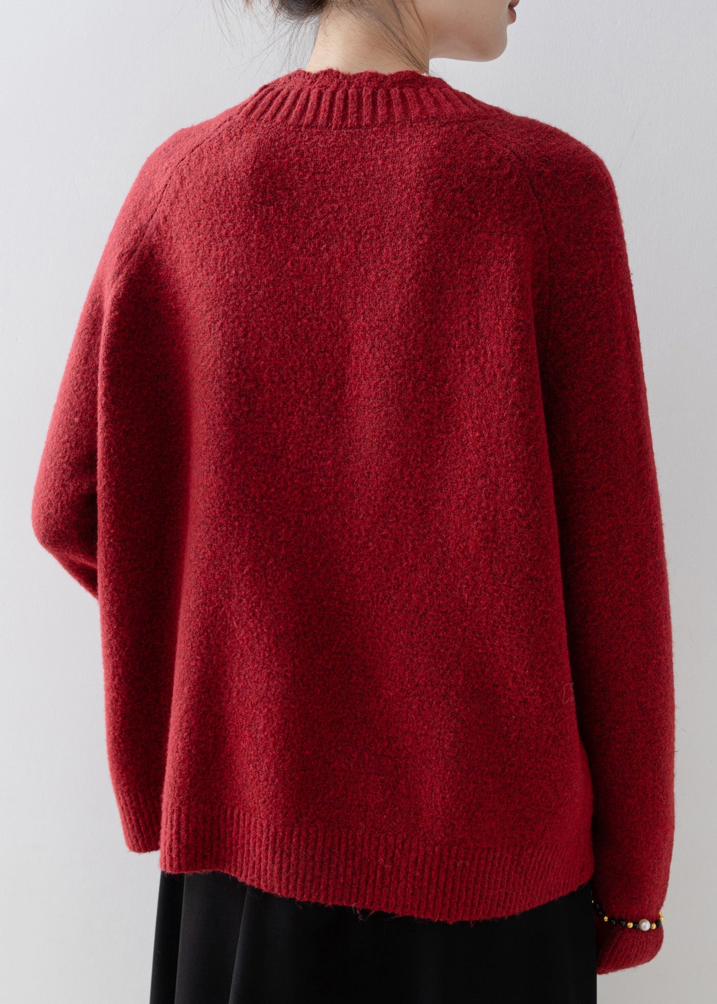 Plus Size Red O Neck Nail Bead Knit Sweater Spring