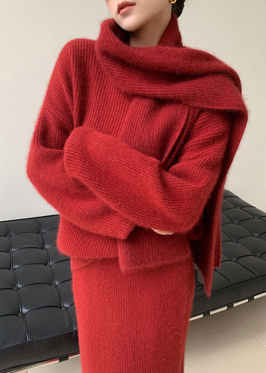 Plus Size Red O-Neck Patchwork Sweaters And Skirts Knit Two Pieces Set Fall