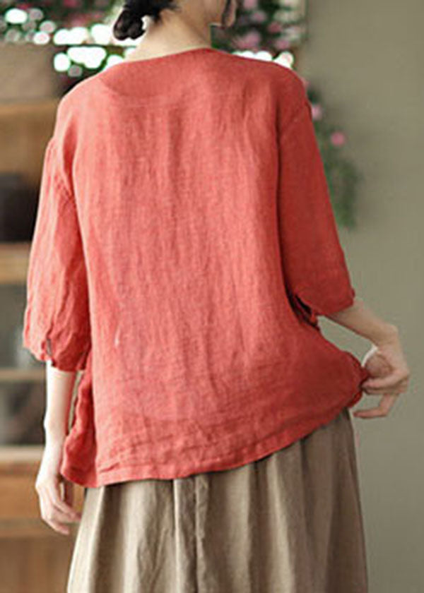 Plus Size Red O-Neck Pockets Linen Loose Cardigans Half Sleeve