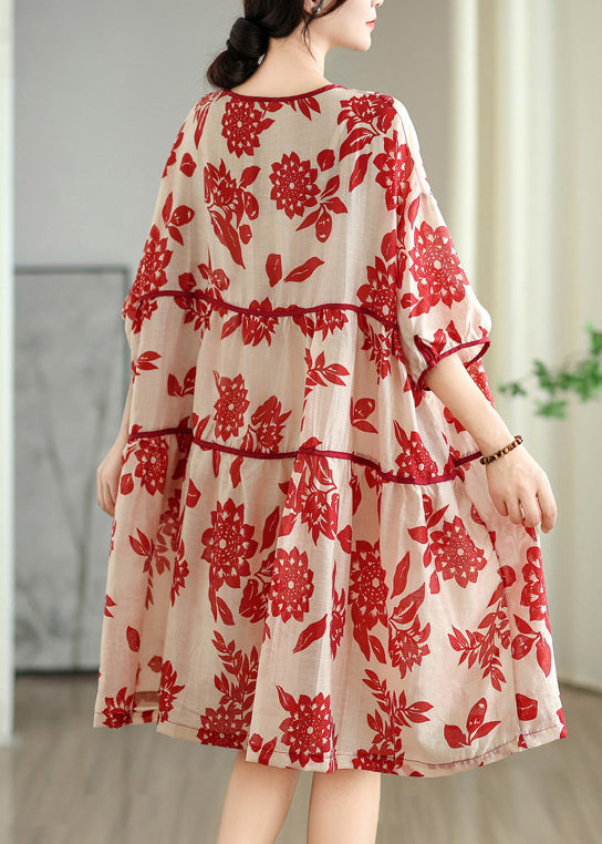 Plus Size Red O Neck Print Patchwork Cotton Dress Summer