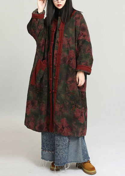 Plus Size Red O-Neck Print Patchwork Long Parka Long Sleeve