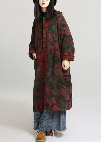 Plus Size Red O-Neck Print Patchwork Long Parka Long Sleeve