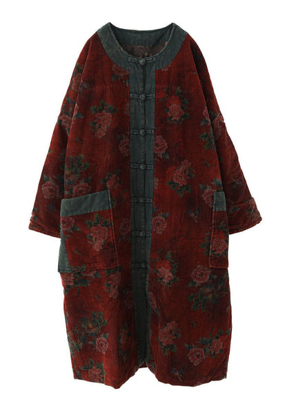 Plus Size Red O-Neck Print Patchwork Long Parka Long Sleeve