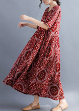Load image into Gallery viewer, Plus Size Red O Neck Print Pockets Cotton Long Dress Summer