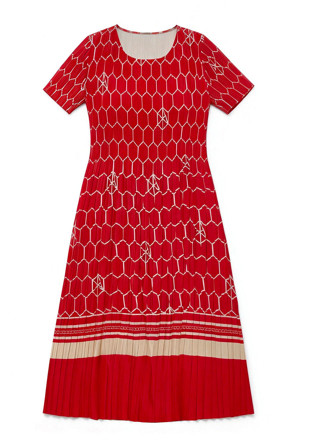 Plus Size Red O Neck Print Wrinkled Elasticity Dresses Summer