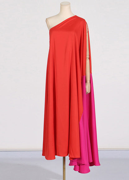 Plus Size Red One Shoulder Patchwork Maxi Dress Summer