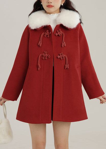 Plus Size Red Oversized Chinese Button Woolen Coats Winter