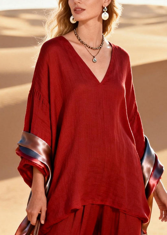 Plus Size Red Oversized Patchwork Shawl Silk Linen 2 Piece Outfit Spring