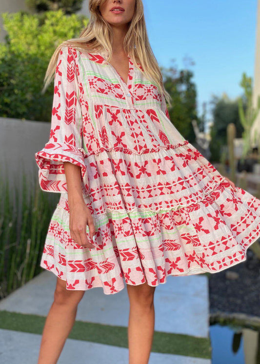 Plus Size Red Oversized Print Cotton Mini Dresses Bracelet Sleeve