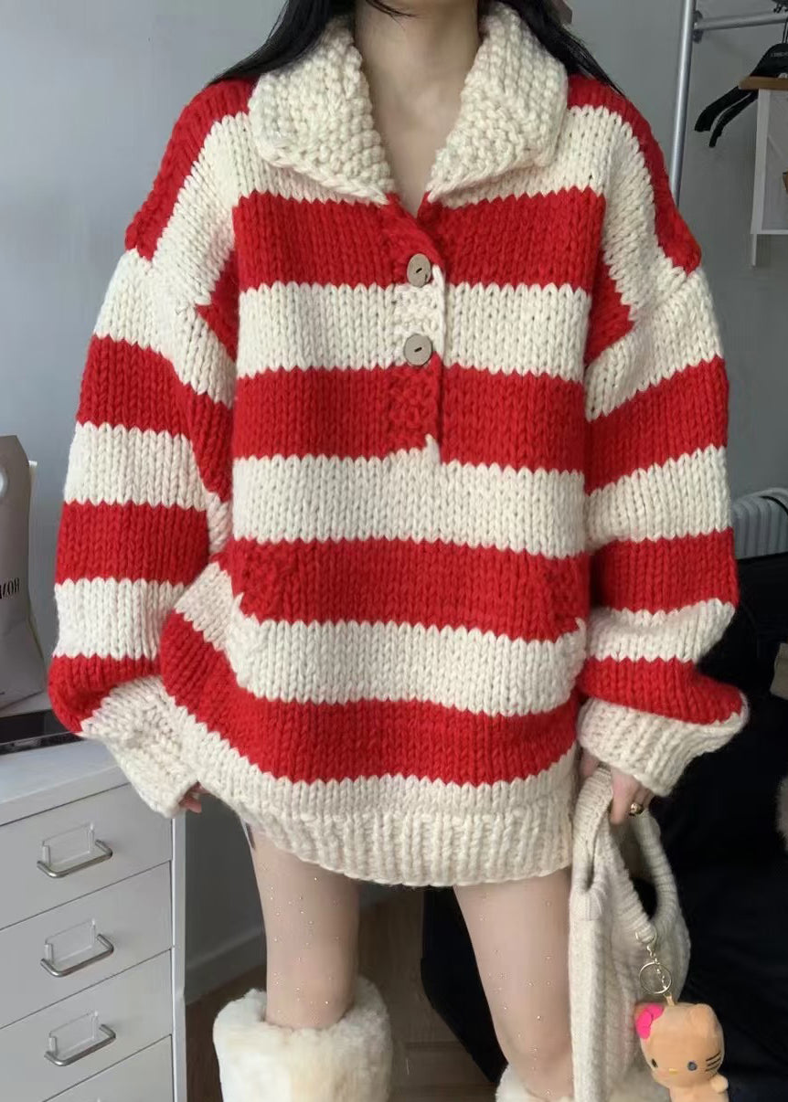 Plus Size Red Oversized Striped Knit Sweaters Winter