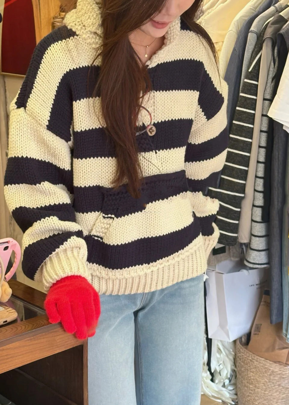 Plus Size Red Oversized Striped Knit Sweaters Winter