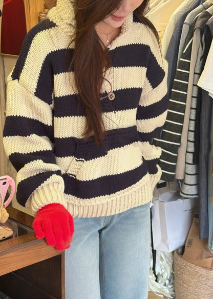 Plus Size Red Oversized Striped Knit Sweaters Winter