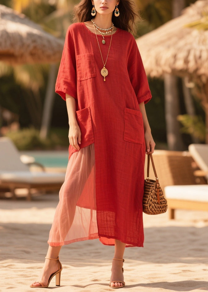 Plus Size Red Oversized Tulle Patchwork Pockets Cotton Dress Summer