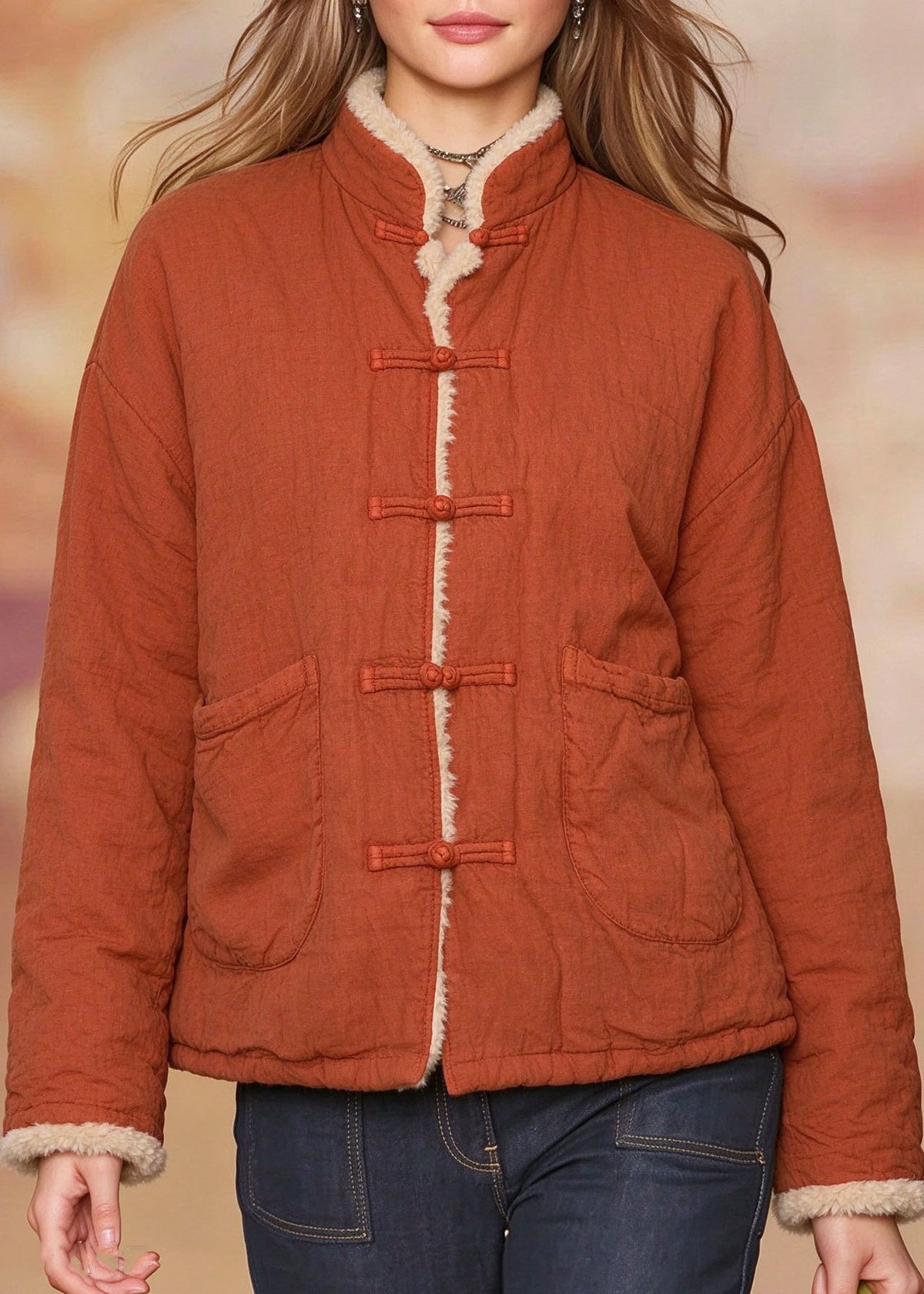 Plus Size Red Patchwork Button Fuzzy Wool Lined Linen Parka Winter