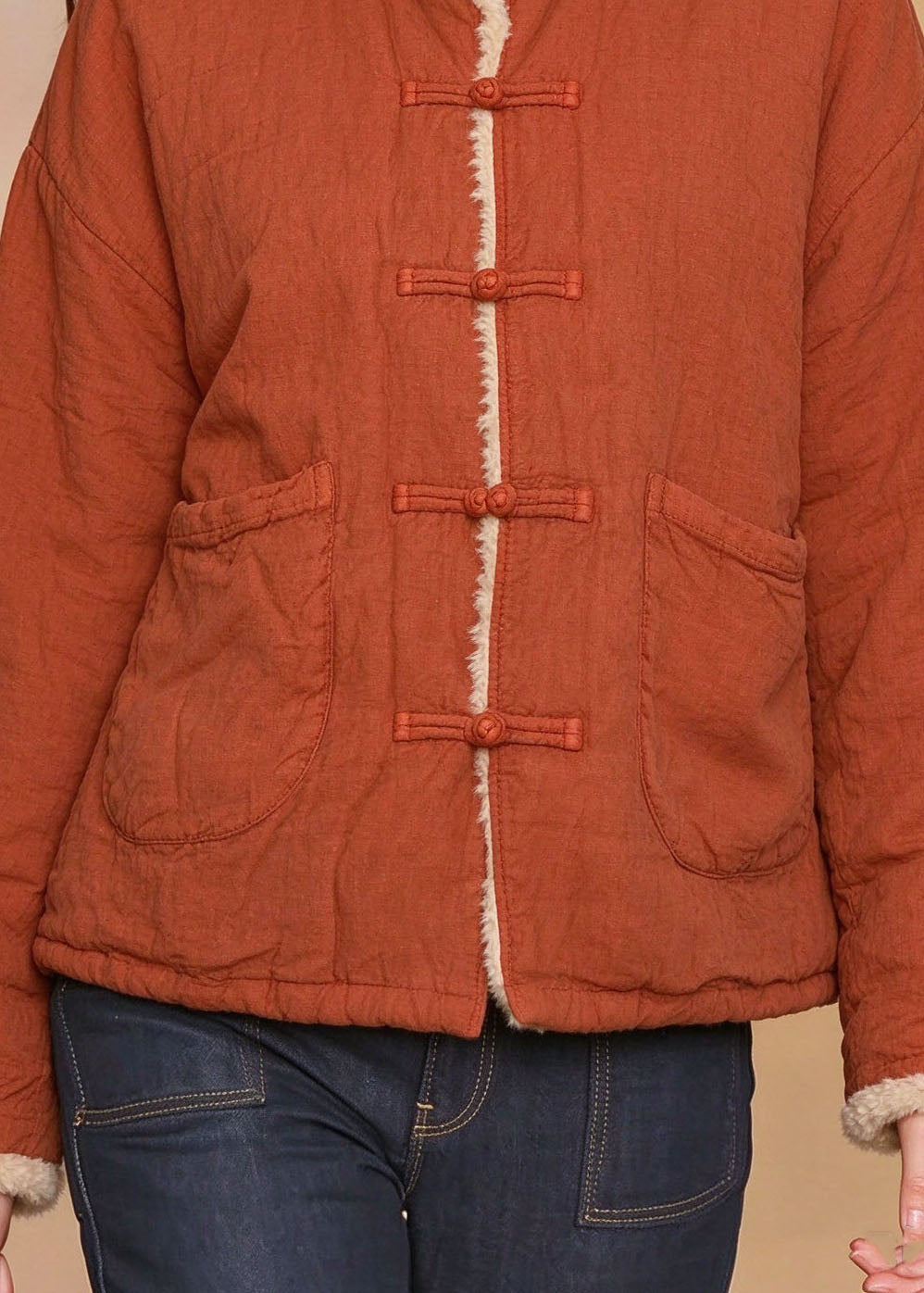 Plus Size Red Patchwork Button Fuzzy Wool Lined Linen Parka Winter
